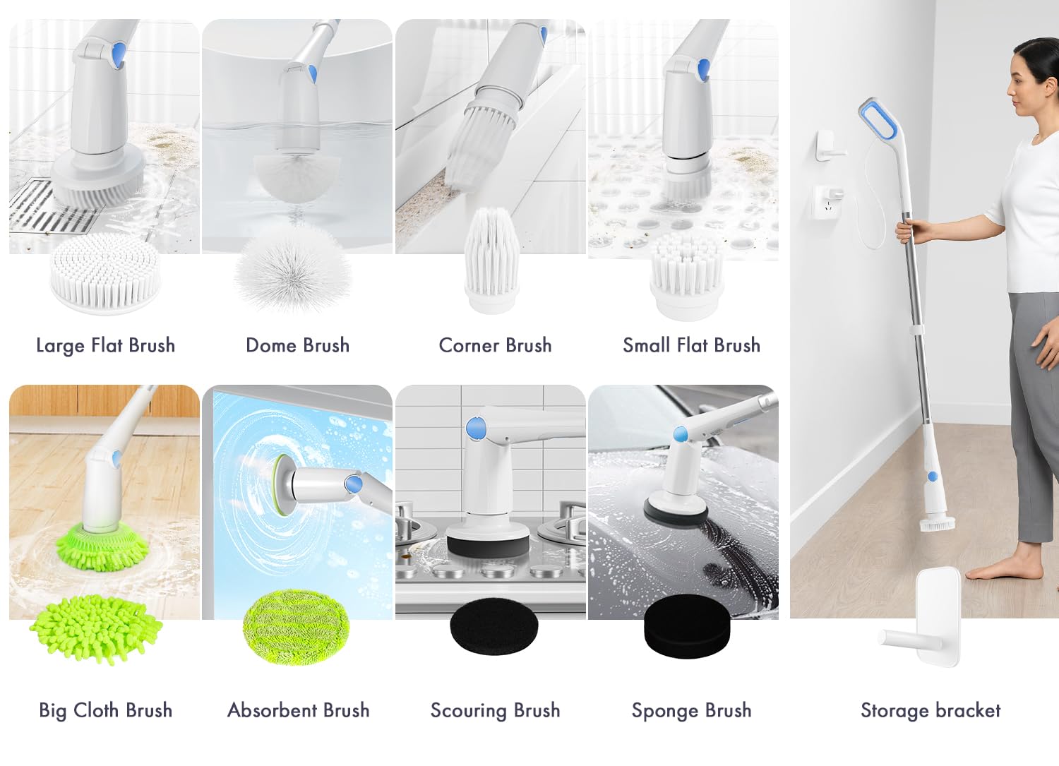 CAKILA Electric Spin Scrubber,Cordless Shower Cleaning Brush with 8 Replaceable Heads,Detachable Long Handle for Bathroom, Floor, Tile, Kitchen,Ideal Gift for Elders