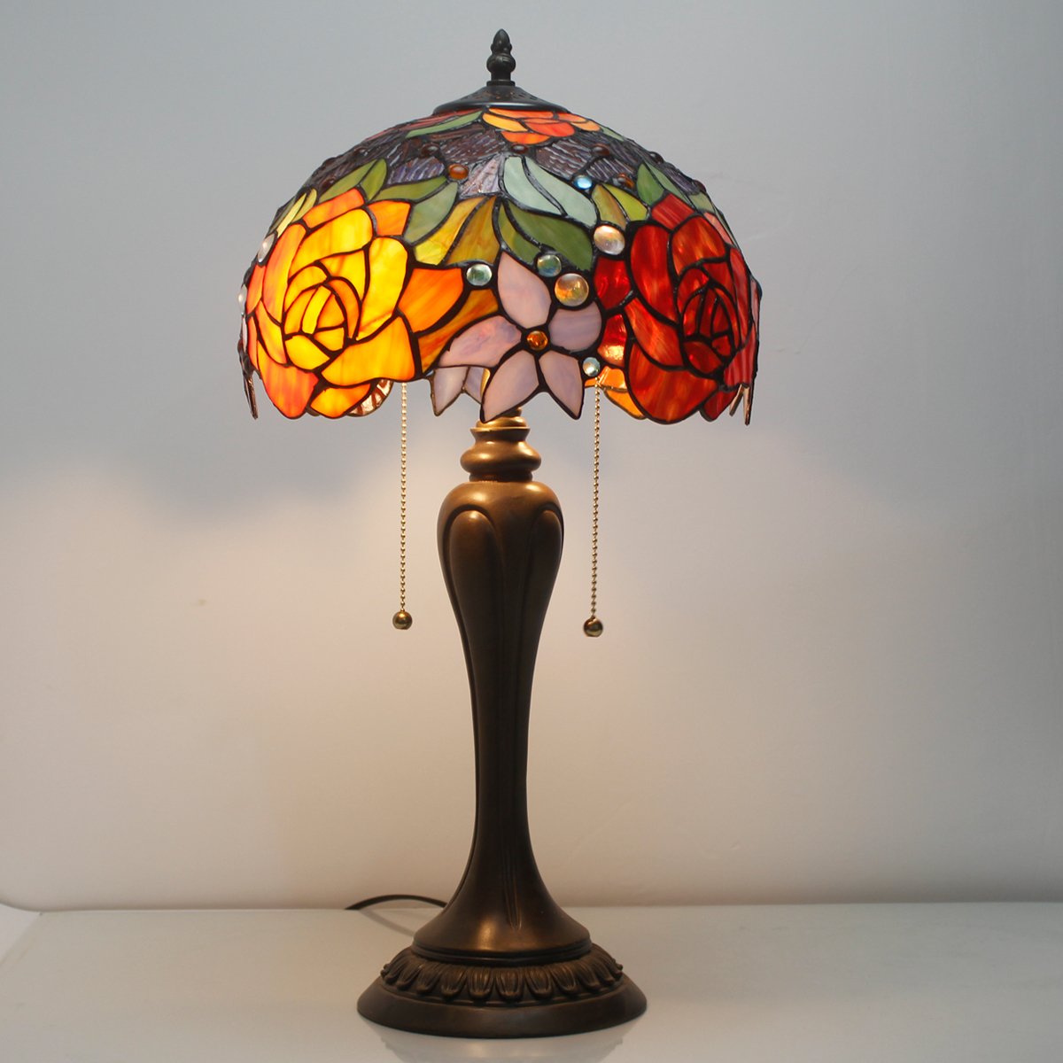 WERFACTORY Tiffany Lamp Stained Glass Table Lamp Red Rose Flower Bedside Desk Reading Light 12X12X22 Inches Decor Bedroom Living Room Home Office S001 Series