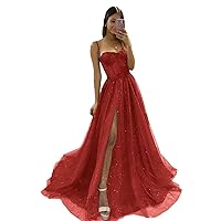 UZN Glitter Tulle Prom Dresses Long 2023 with Split Spaghetti Straps 3D Flower Formal Evening Party Gowns