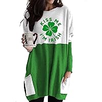 Funny St Patricks Day Shamrock Long Sleeve Shirt for Women, Irish Clover Crewneck Long Hem Shirt