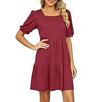 Cocktail Dresses for Women 2024 Solid Color Classic Casual Tunic with Short Sleeve Square Neck Summer Dress