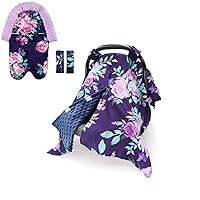 Peekaboo Opening Minky Carseat Canopy & Car Seat Head Support for Baby Girls, Infant Carseat Insert Super Soft Newborn Headrest, Purple Flower