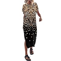 Boho Dresses for Women 2024, Trendy Crewneck Batwing Sleeve Casual Slit Hem Dress Sequin Print Summer Long Dresses