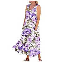 Sun Dress for Women Casual Linen Dress Sleeveless Printed Flowy Boho Maxi Dress with Pockets Beach Sexy U Neck Dress