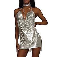 Women's Sexy Metallic Sequin Sling Dress Sweet Spicy Suspender Dress Rhinestone Summer Night Club Short Dress