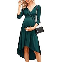KOJOOIN Women's Maternity V-Neck 3/4 Sleeve Wrap Dress Casual Hi-Low Midi Tie Nursing Breastfeeding Dress with Belted