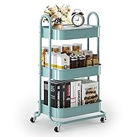 EAGMAK 3 Tier Metal Rolling Cart, Oval Utility Cart with Lockable Wheels, Multifunctional Storage Cart Organizer Trolley with Mesh Shelves for Living Room, Kitchen, Bedroom, Office (Green)
