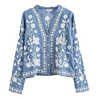 Women Floral Embroidery Cowboy Loose Blouses Long Sleeve Front Button Female Shirts Chic Tops