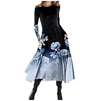 Women's Christmas Outfit Fashion Casual Printed Round Neck Pullover Slim Fitting Long Sleeve Dress Tops, S-3XL