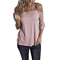 GARSWE Women's Summe Short Sleeve Off Shoulder Tops Loose Casual Solid Color Strappy Shirt