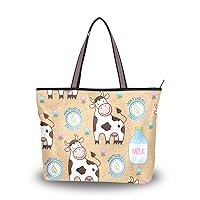 Women Top Handle Tote Bag Cute Cow And Bottle Of Milk Shoulder Bag Handbag
