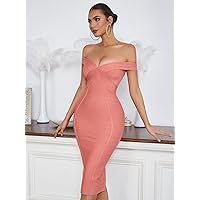 Dresses for Women 2023 Women's Casual Dress Club Off Shoulder Zip Back Sexy Party Evening Bandage Dress (Color : Watermelon Pink, Size : Medium)