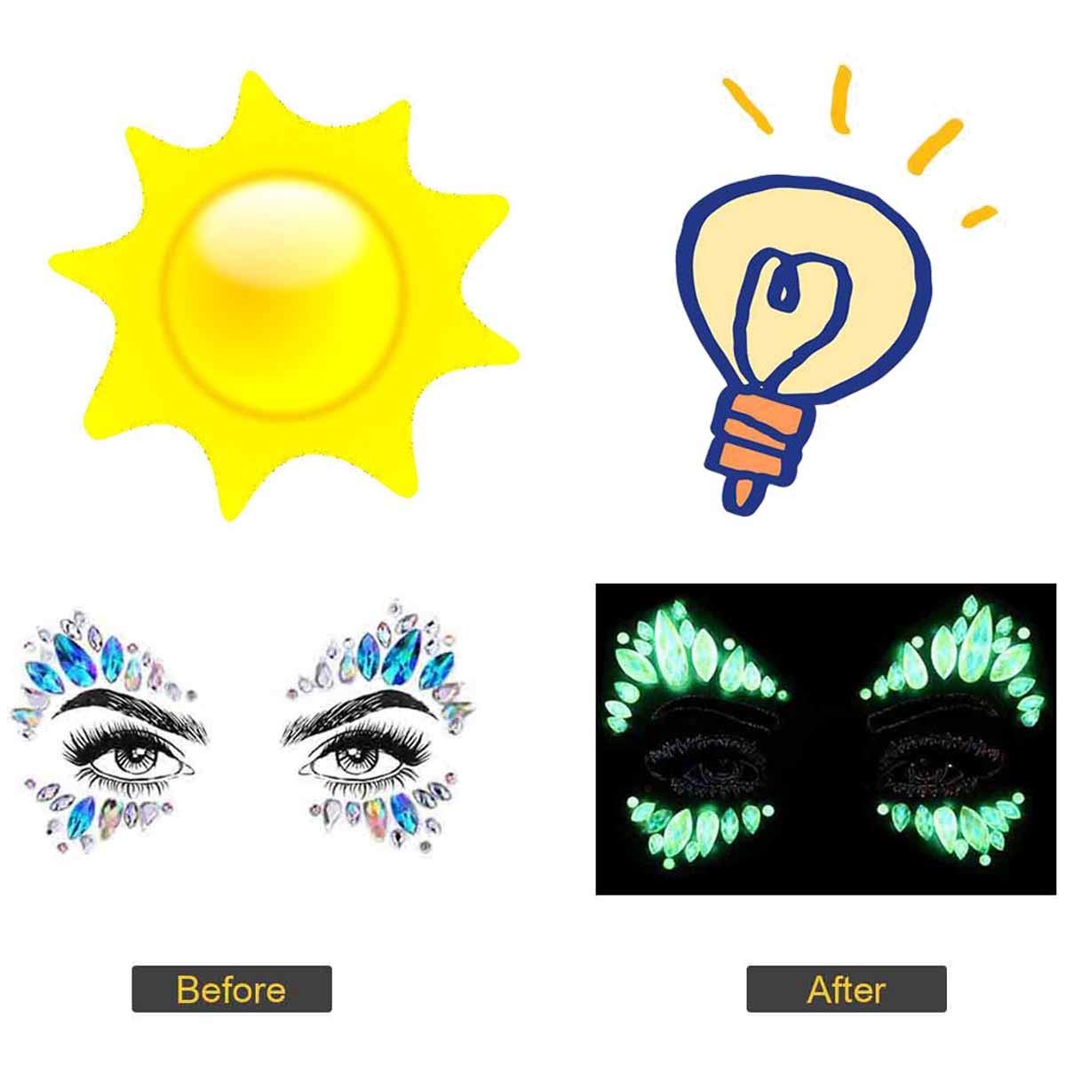 COKOHAPPY 6 Sets Noctilucent Face Jewels Tattoo Rhinestone Mermaid - Body Stickers Glow in the Dark Luminous Face Gems Fluorescent Crystals Sticker Body Jewelry for Halloween
