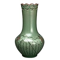 Korean Celadon Glaze Openwork Head and Inlaid Chrysanthemum Body Flower Design Green Decorative Porcelain Ceramic Pottery Home Decor Accent Vase