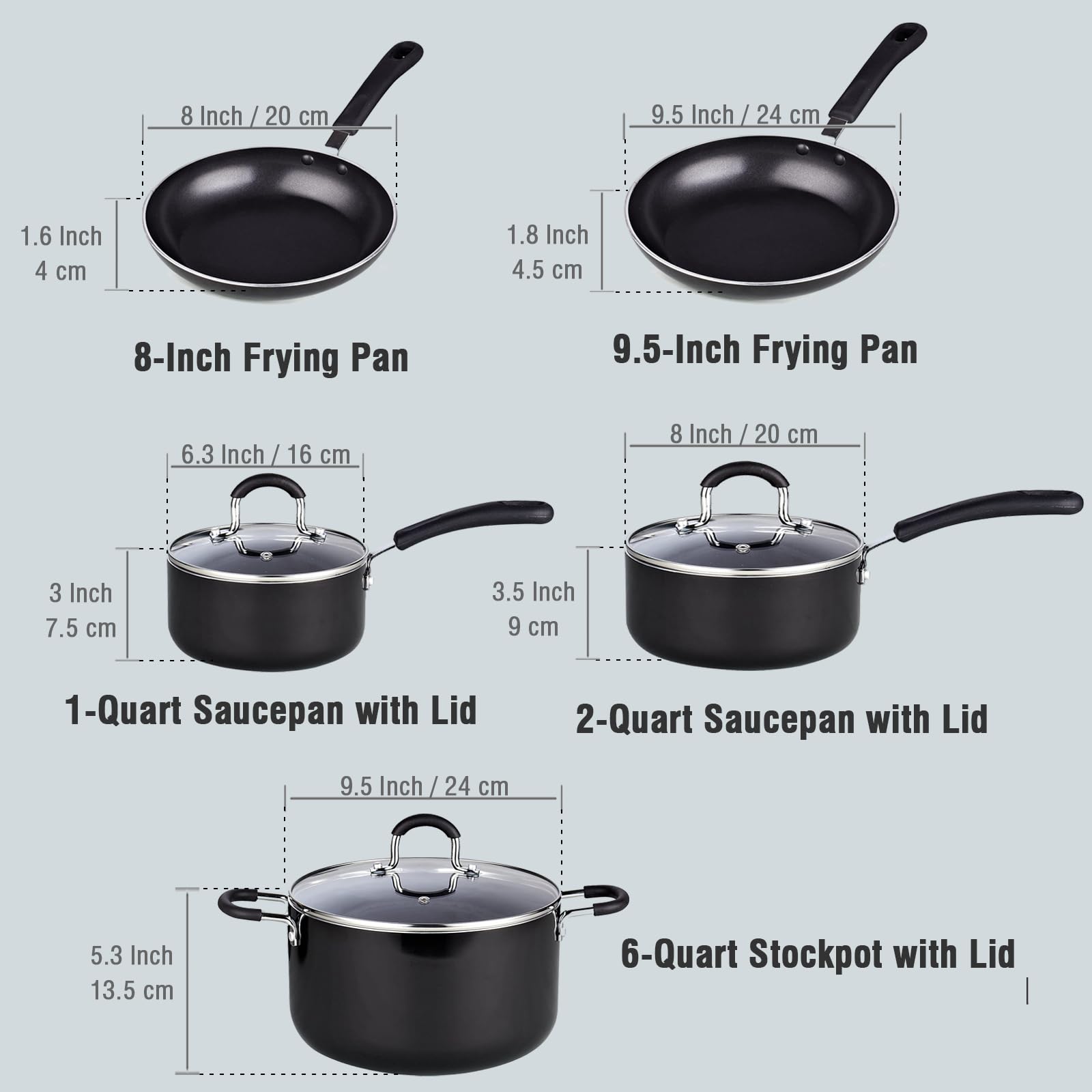 Cook N Home Pots and Pans Nonstick Kitchen Cookware Sets include Saucepan Frying Pan Stockpots 8-Piece, Heavy Gauge, Stay Cool Handle, Black