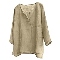 Linen Clothes,Long Sleeve 2024 Trendy Plus Size T-Shirt Solid Fashion Casual Button Top Blouse Outdoor Shirt Lightweight Tees Khaki XXL