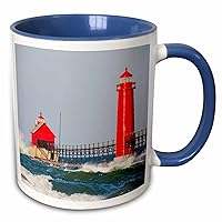 3dRose South Pier Lighthouse, Lake Michigan, Grand Haven, MI, Blue Mug, 11 oz