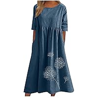 Lightening Deals Cotton Linen Dress for Women 2024 Trendy Summer Short Sleeve Midi Dresses Cute Casual Dandelion Print Sundress with Pocket Vestido Fiesta Mujer Blue