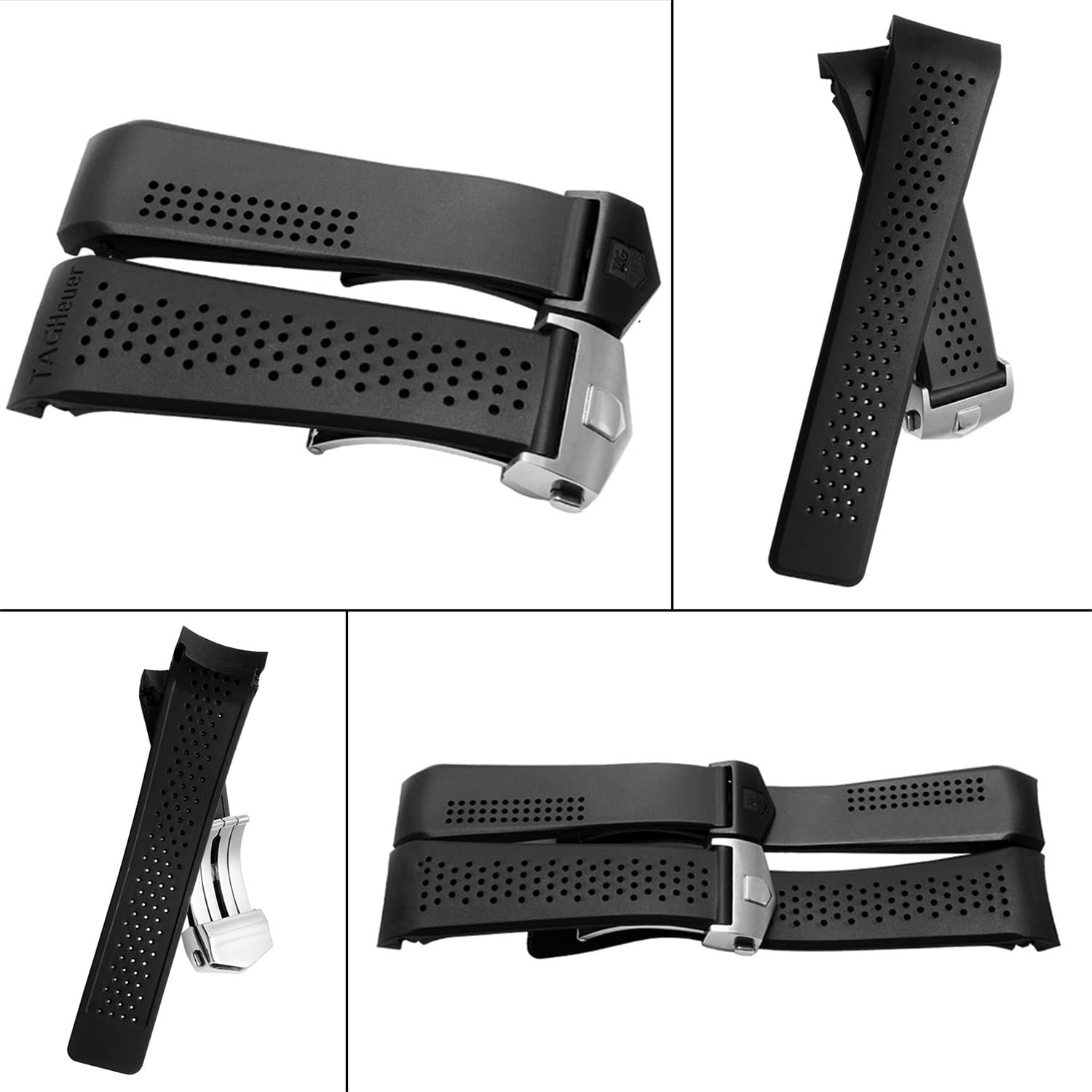 Nice Pies Men Soft Silicone Watch Band Military Strong Rubber Replacement Watch Strap with Stainless Steel Button Folding Table Buckle Waterproof Sport Wristband Black 22mm/24mm