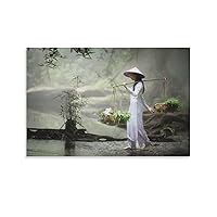 Posters Scene Poster Vietnamese Girl in Traditional Dress Carrying A Basket Poster Canvas Wall Art Prints for Wall Decor Room Decor Bedroom Decor Gifts 12x18inch(30x45cm) Unframe-Style