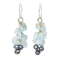 NOVICA Handmade Cultured Freshwater Pearl Aquamarine Cluster Earrings Unique Dangle .925 Sterling Silver Dyed White Beaded Thailand Birthstone [1.7 in L x 0.5 in W] 'Afternoon Sigh'
