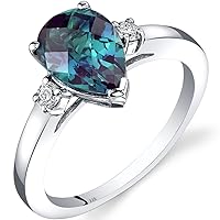 PEORA Created Alexandrite and Genuine Diamond Ring for Women 14K White Gold, Color-Changing Teardrop Solitaire, 2.25 Carats Pear Shape 10x7mm, Size 7