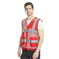 TOPTIE Unisex US Big Mesh Volunteer Vest Zipper Front Safety Vest with Reflective Strips and Pockets-Red-US M