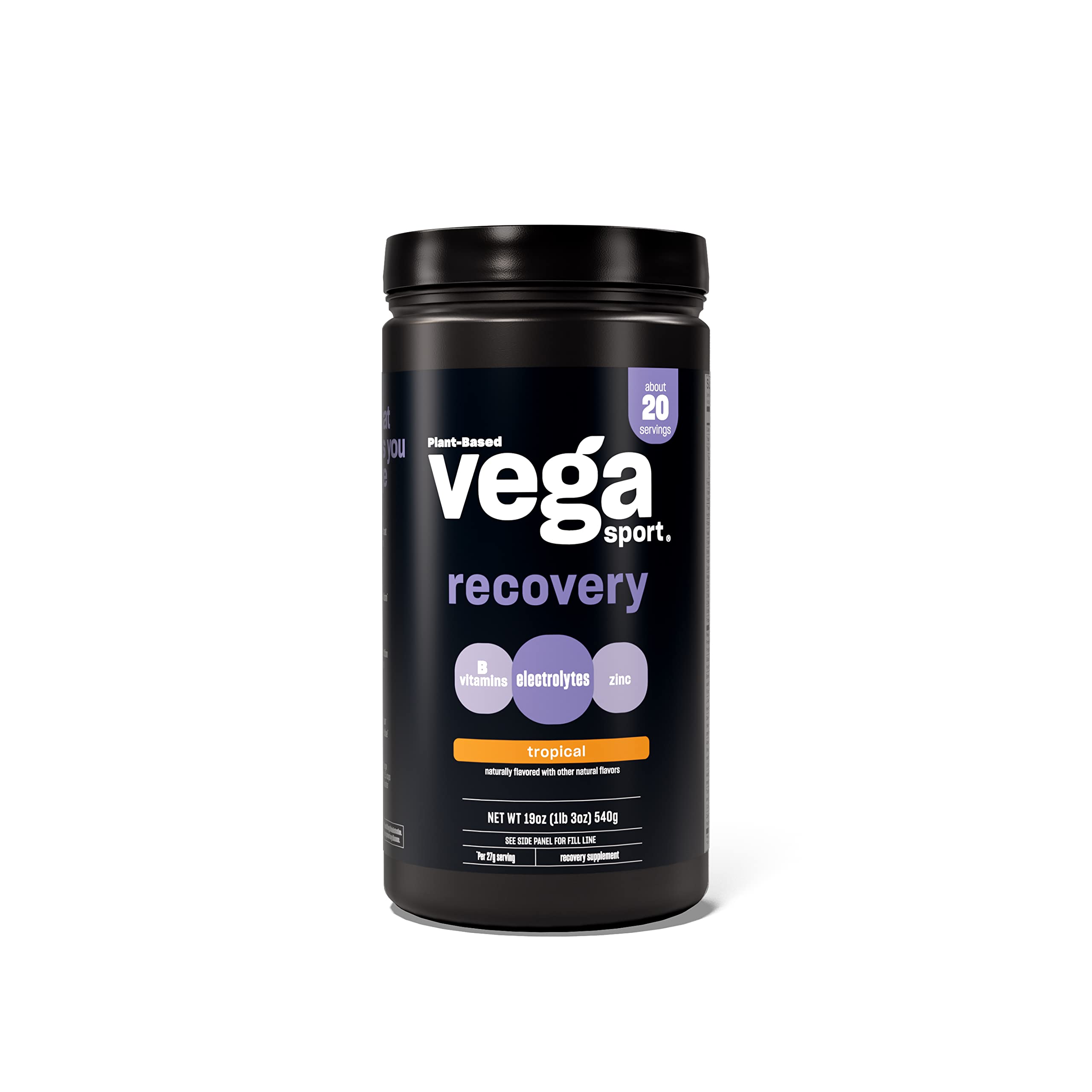Vega Sport Recovery Tropical (20 Servings) Post Workout Recovery Drink for Women and Men, Electrolytes, Carbohydrates, B-Vitamins, Vitamin C and Protein, Vegan, Gluten Free, Dairy Free, 1.2lbs