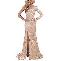 Women's Mermaid One Shoulder Sequins Evening Dresses Long Prom Formal Gowns with Slit