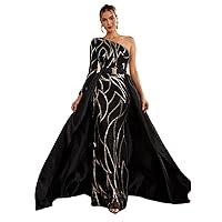 Detachable Train One Shoulder Satin Sequined Prom Shower Party Gala Evening Dress Celebrity Pageant Gown