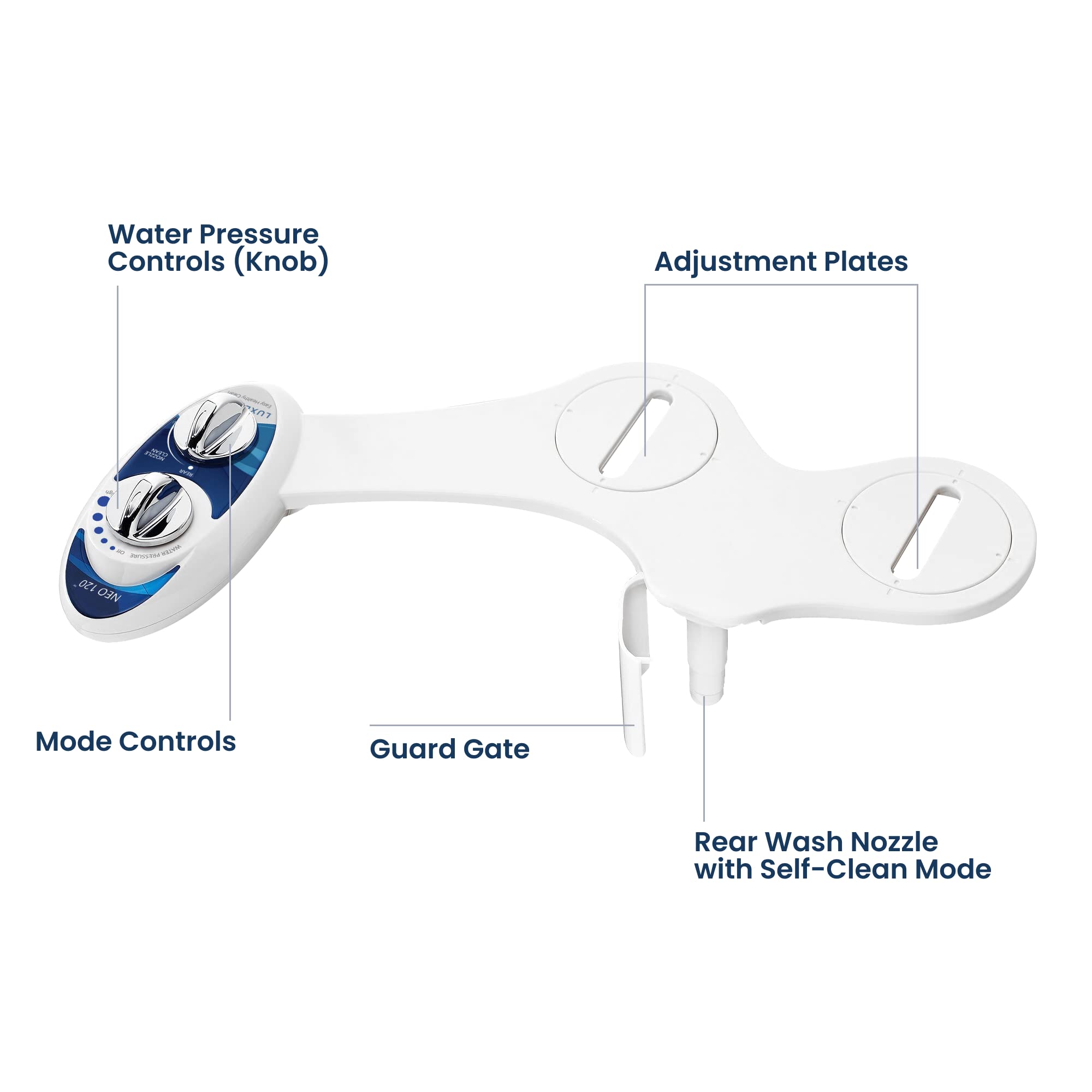 LUXE Bidet NEO 120 - Self-Cleaning Nozzle, Fresh Water Non-Electric Bidet Attachment for Toilet Seat, Adjustable Water Pressure, Rear Wash (Blue)