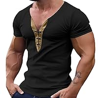 Men's Henley Tees V-Neck Muscle T-Shirt Pleated Bodybuilding Gym Tee Short Shirt Fashion T-Shirts