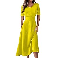 Women's Sun Dresses 2024 Casual Fashion Solid Color V-Neck Short Sleeve Waist Long Swing Dress, S-2XL