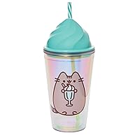 Enesco Pusheen the Cat Iridescent Whipped Tumbler Cup with Straw, 9 Inch, Multicolor