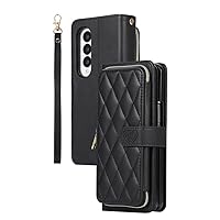 ZIFENGXUAN-Crossbody Lanyard Zipper Leather Wallet Card Phone Case for Samsung Galaxy Z Fold 5 4 3 Luxury Wrist Rope Flip Stand Cover Coque (for Samsung Z Fold 4,Black)