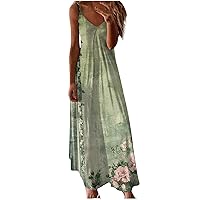 Vintage Floral Print Maxi Dress Women Summer Spaghetti Strap Flowy Beach Dress Sleeveless V Neck Long Cami Sundress