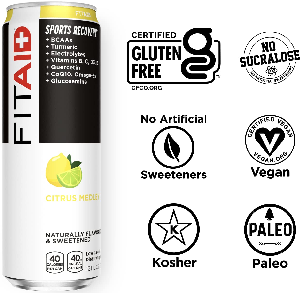 FITAID Recovery Blend, BCAAs, Glucosamine, Electrolytes, Omega-3s, Green Tea, 100% Clean, Paleo, Vegan & Gluten-Free, No Artificial Flavors or Sweeteners, 12-oz. cans (Pack of 12)