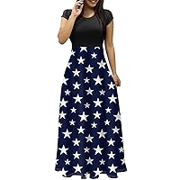 Maxi Dresses for Women 2024 Casual Print Round Neck Short Sleeves Oversized Maxi Dress Beach Sundress Navy XX-Large