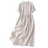 Women Casual Loose Soft Peter Pan Collar Short Sleeve Button Up Swing T-Shirt Dress Cotton Linen Ruched Retro Dresses