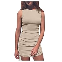 Ribbed Tank Dress for Women Summer Slim Sleeveless Ruched Bodycon Mini Dress Casual Crewneck Short Dress with Side Drawstring
