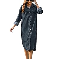 Women Button Down Denim Midi Shirt Dress Long Sleeve Jean Dress with Pockets