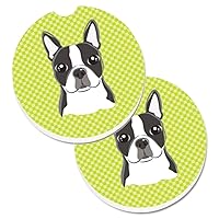 Caroline's Treasures BB1139CARC Lime Checkered Boston Terrier Set of 2 Cup Holder Car Coasters Absorbent Sandstone Coasters for Car Cup Holders Gifts for Men or Women, Large, Multicolor