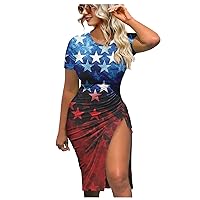 American Flag Dress for Women 4th of July Flag Dress Independence Day Dress Tight Hip Short Sleeve Midi Dresses
