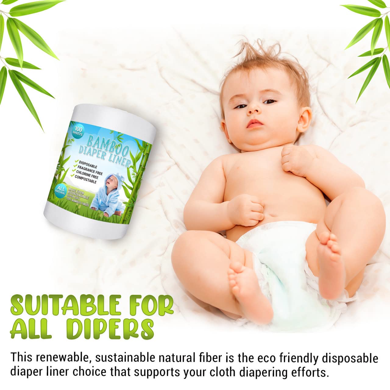 Disposable Cloth Bamboo Diaper Liners - Eco-Friendly, Fragrance Free & Chlorine Free, Flushable Biodegradable Reusable Liners For Cloth Diaper 100 Sheets Per Roll