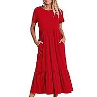 Black of Friday Deals Now Tiered Ruffle Maxi Dress for Women Summer Mid Calf Tshirt Dresses Casual Crewneck Sundress Short Sleeve Midi Dress Plus Size Clothes