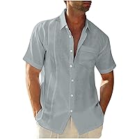 Men's Fitted Cotton Linen Casual Short Sleeve Button Up Shirts Hawaiian Shirts Lightweight Beach Tops with Pocket