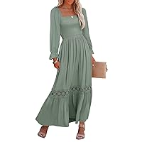 Ferlema Womens Boho Square Neck Ruffle Long Sleeve Lace Trim Casual A Line Flowy Long Maxi Dress with Pockets