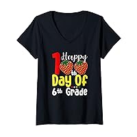 Womens Happy 100th Day Of 6th Grade Strawberry Teacher Or Student V-Neck T-Shirt