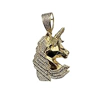 10K Yellow Gold Unicorn Diamond Pendant For Men and Women | 1.6 inchs Round Cut Real White Diamond Necklace Chain Mens Charm Pendant 0.38 CT | Custom Jewellery Gift for Him