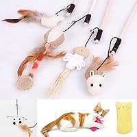 Beewarm KYUEE Cat Toy Feather, Interactive Cat Toy Set | 5 Natural Wooden Sticks, 5 Different Plush Toys, Natural Feathers, Plush Toys and Elastic Rope